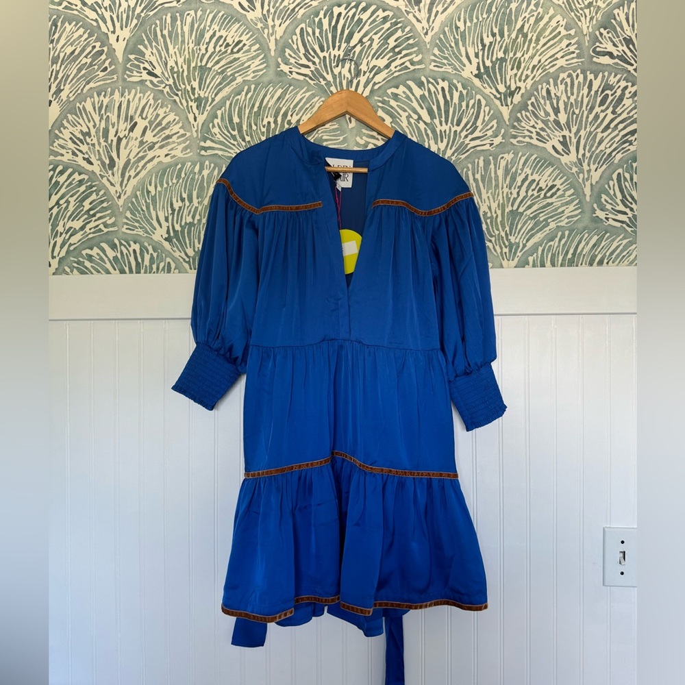NWT Alden Adair Size S Royal Blue Polyester Half Button Tiered Long Sleeve Dress